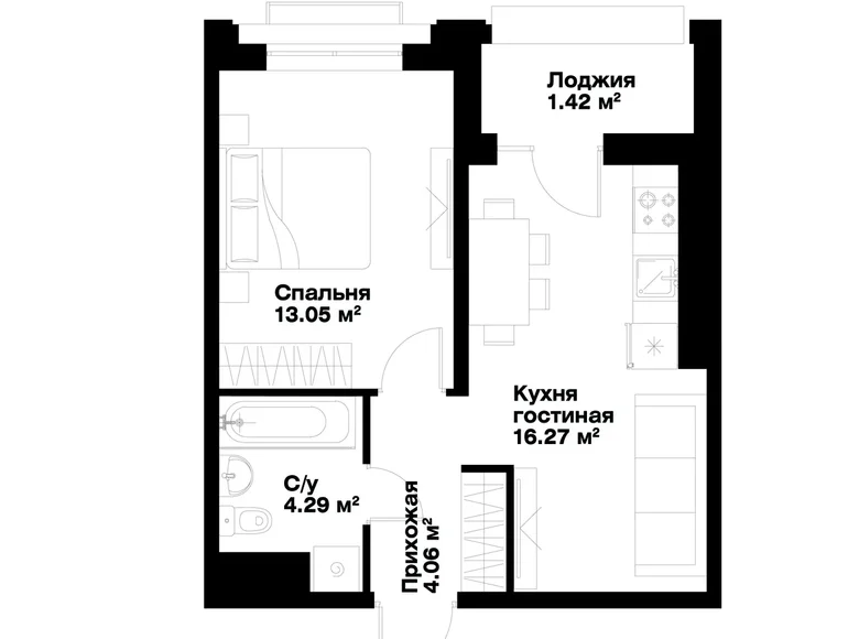 Квартира 1 комната 39 м² Ташкент, Узбекистан