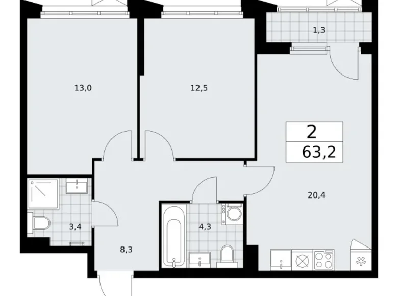 2 room apartment 63 m² Troitsk, Russia