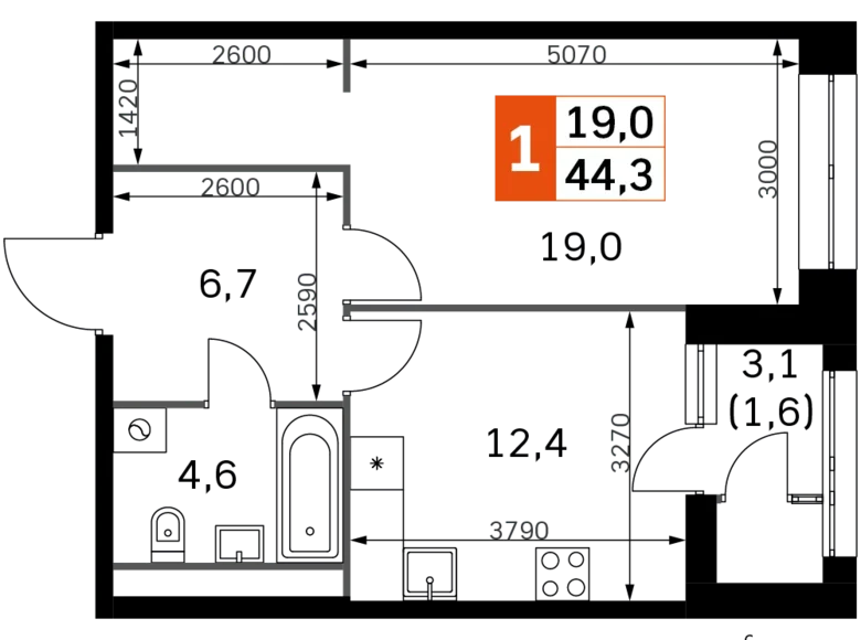 Квартира 1 комната 44 м² Москва, Россия