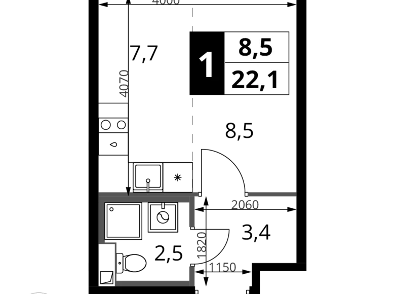 Студия 1 комната 22 м² Химки, Россия