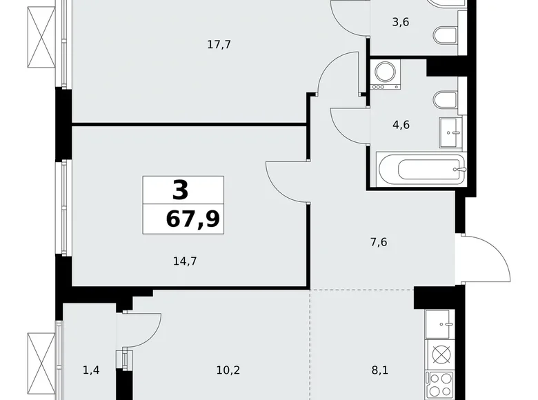 3 room apartment 68 m² poselenie Sosenskoe, Russia