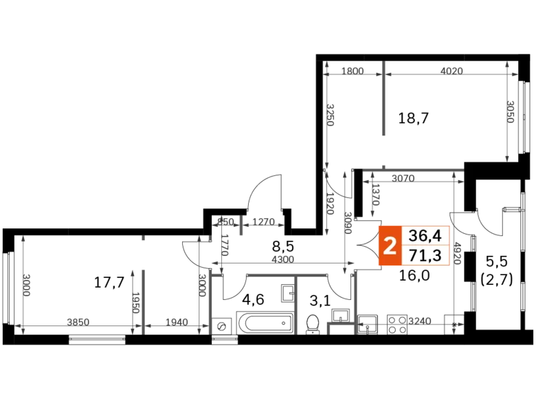 2 room apartment 71 m² Moscow, Russia