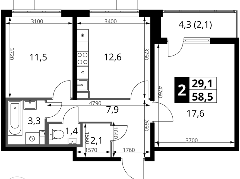 Mieszkanie 2 pokoi 59 m² rejon leniński, Rosja