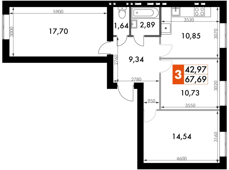 Mieszkanie 3 pokoi 68 m² Naro-Fominskiy gorodskoy okrug, Rosja