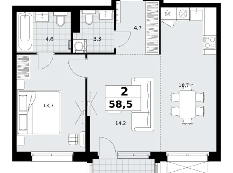 Appartement 2 chambres 59 m² Kommunarka, Russie