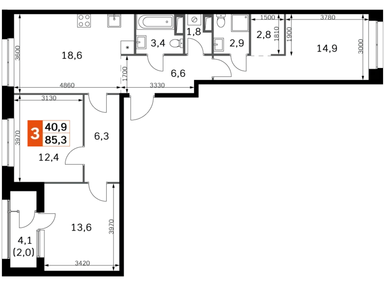 3 room apartment 86 m² Moscow, Russia