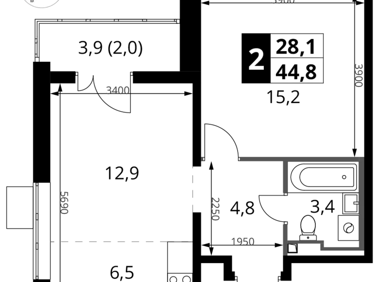 Mieszkanie 2 pokoi 45 m² Potapovo, Rosja