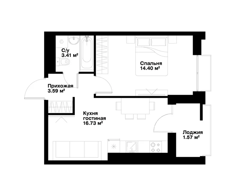 Квартира 1 комната 40 м² Ташкент, Узбекистан