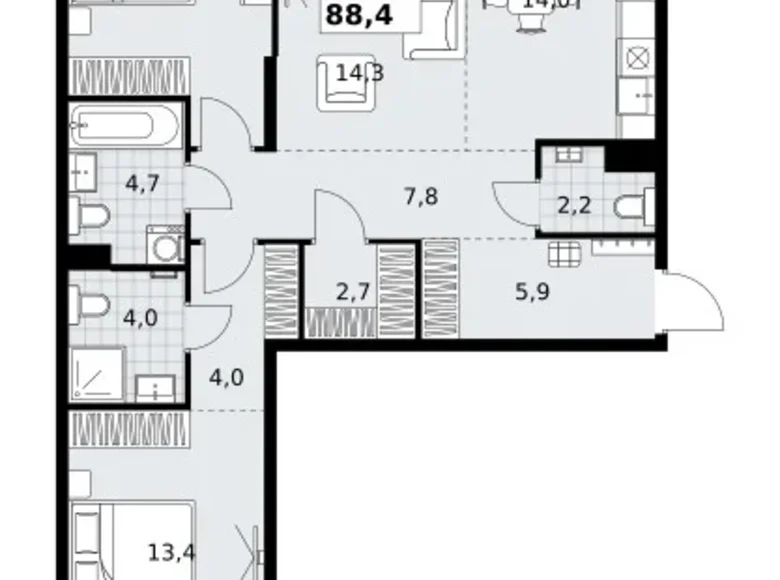 3 room apartment 88 m² Kommunarka, Russia