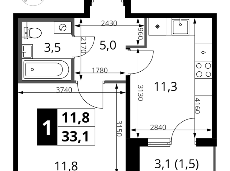 Appartement 1 chambre 33 m² Khimki, Fédération de Russie