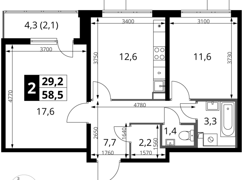 2 room apartment 59 m² Leninsky District, Russia