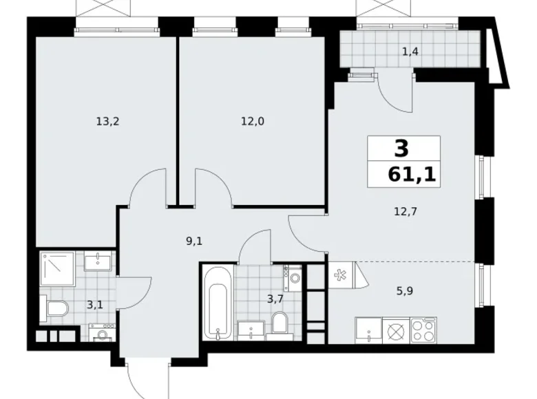 Apartamento 3 habitaciones 61 m² poselenie Sosenskoe, Rusia