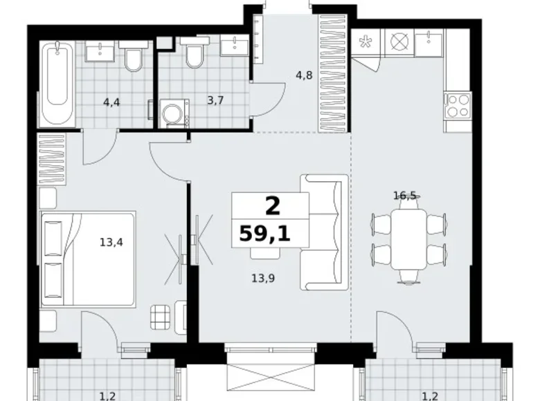 2 room apartment 59 m² Kommunarka, Russia
