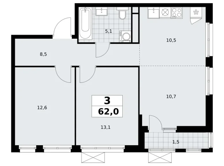 Квартира 3 комнаты 62 м² Юго-Западный административный округ, Россия