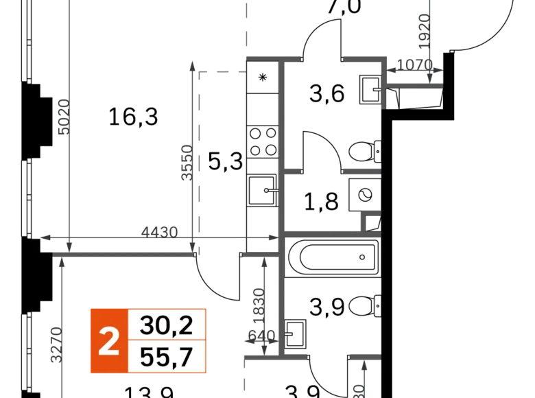 2 room apartment 56 m² North-Western Administrative Okrug, Russia