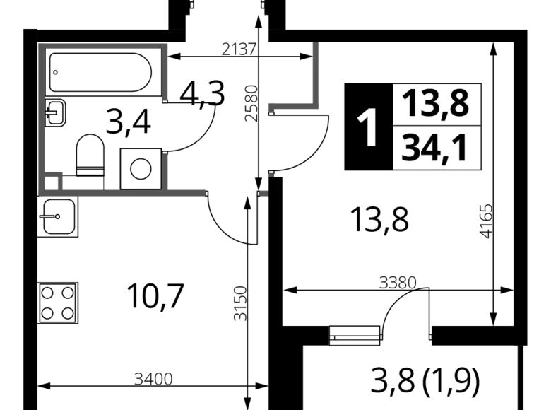 Mieszkanie 1 pokój 34 m² Nekrasovka District, Rosja