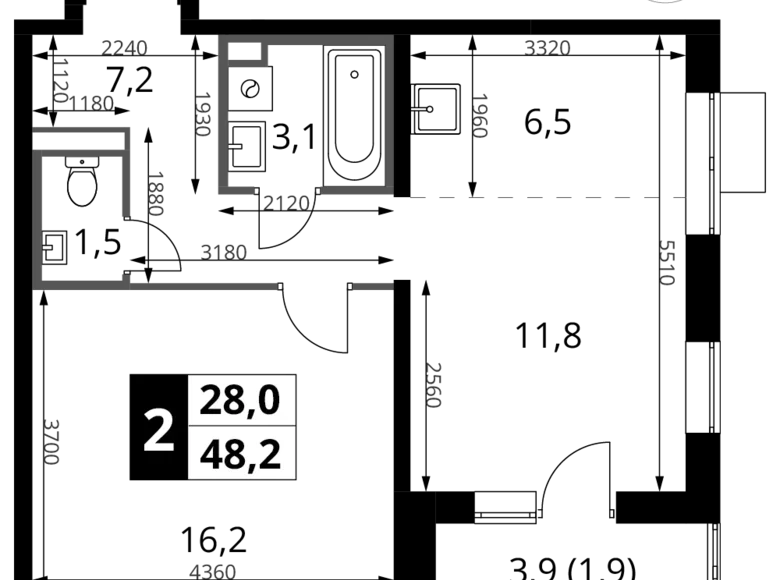 2 room apartment 48 m² Sapronovo, Russia