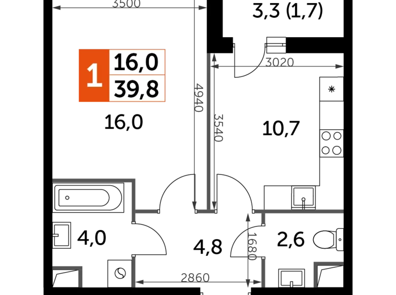 Mieszkanie 1 pokój 40 m² Razvilka, Rosja