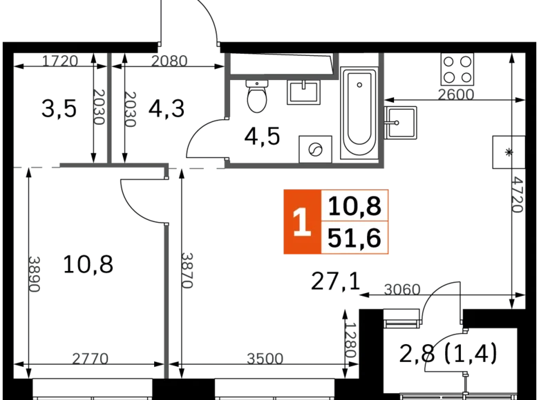 2 room apartment 52 m² Moscow, Russia