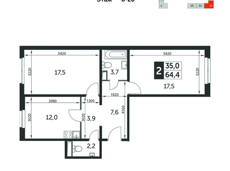 2 room apartment 66 m² Moscow, Russia