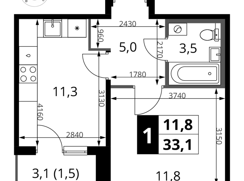 Appartement 1 chambre 33 m² Khimki, Fédération de Russie