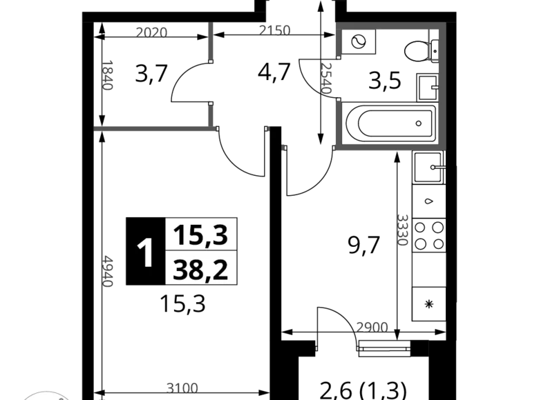 1 room apartment 38 m² Potapovo, Russia