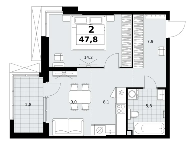 2 room apartment 48 m² Kommunarka, Russia