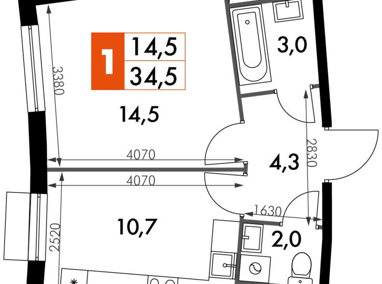 Квартира 1 комната 35 м² Развилка, Россия