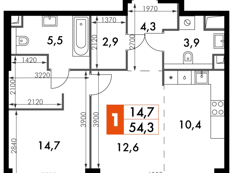 Mieszkanie 2 pokoi 54 m² North-Western Administrative Okrug, Rosja