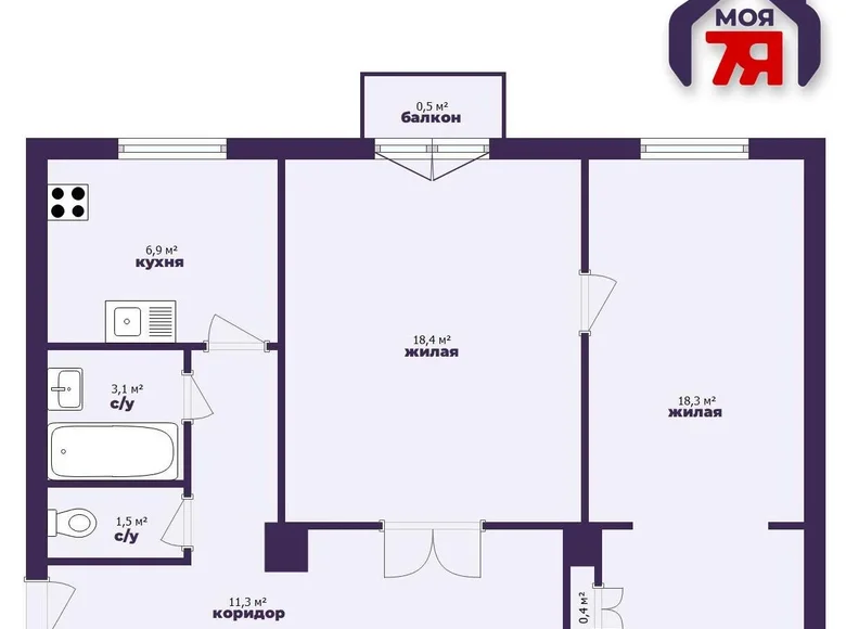 2 room apartment 60 m² Minsk, Belarus