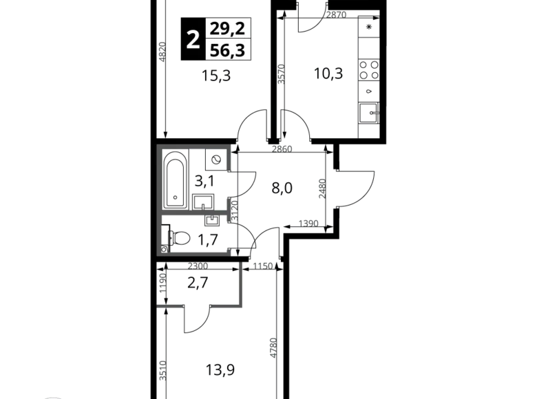 Mieszkanie 2 pokoi 56 m² rejon leniński, Rosja