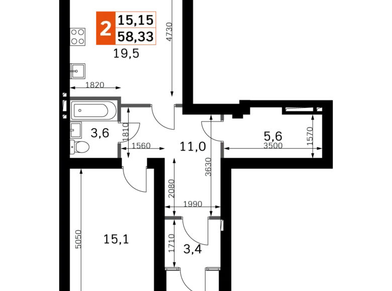 Mieszkanie 1 pokój 58 m² Naro-Fominskiy gorodskoy okrug, Rosja