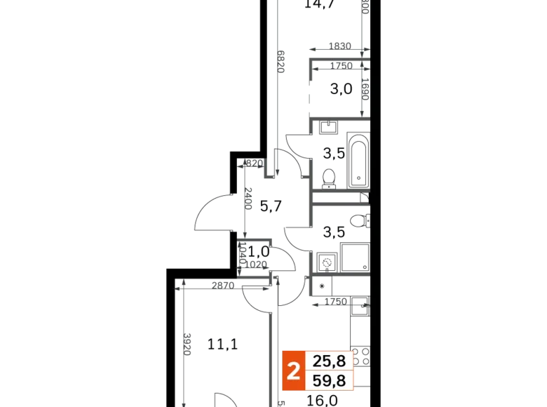 2 room apartment 60 m² Moscow, Russia