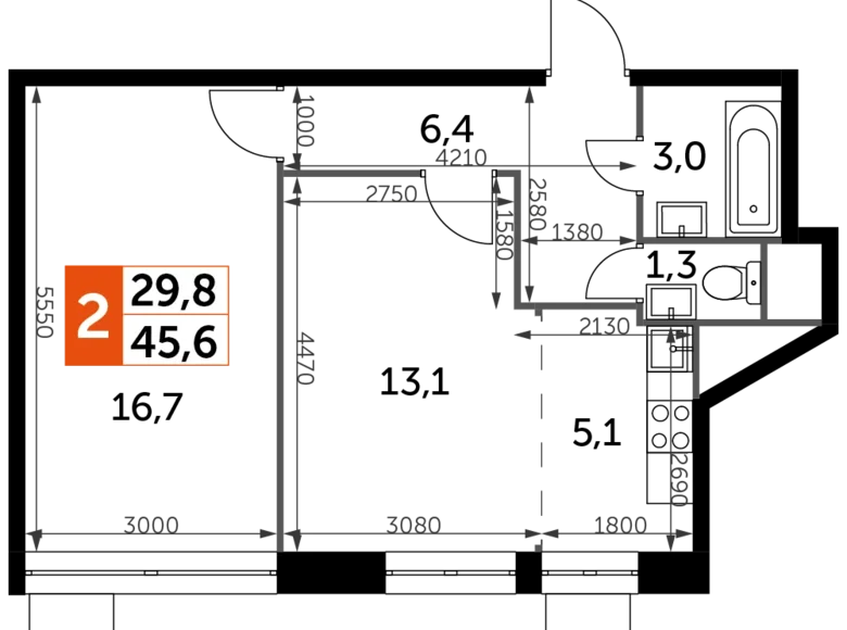 Wohnung 2 zimmer 46 m² Veshki, Russland