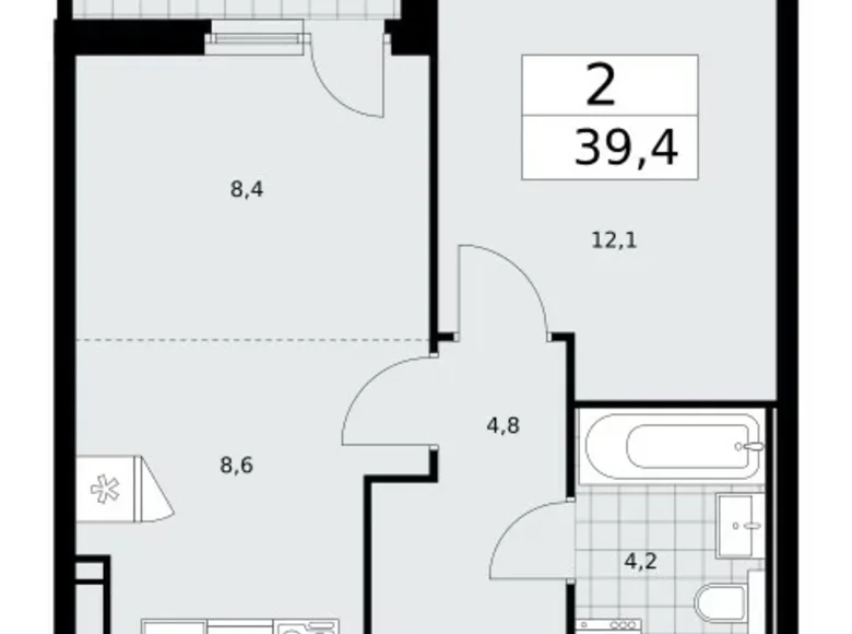 2 room apartment 39 m² Moscow, Russia