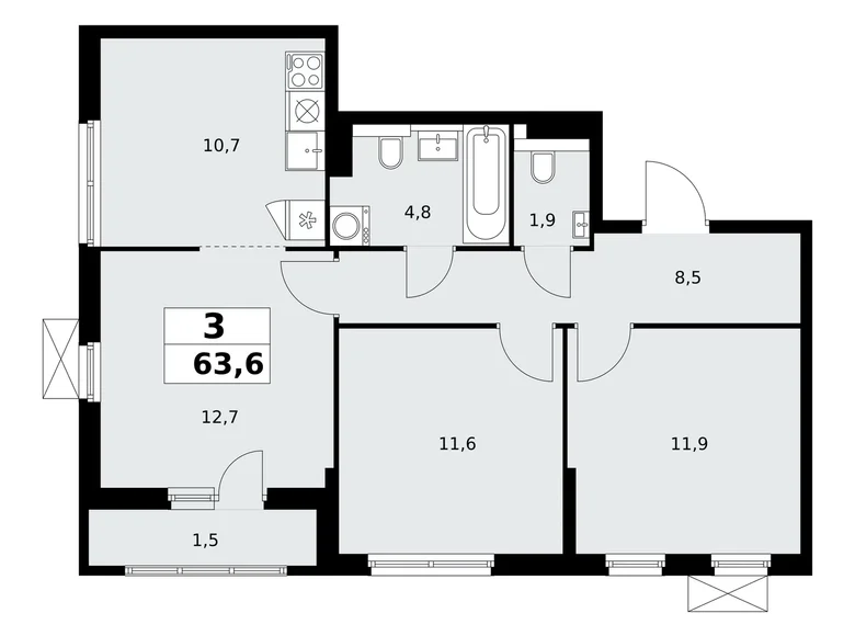 Mieszkanie 3 pokoi 64 m² poselenie Sosenskoe, Rosja