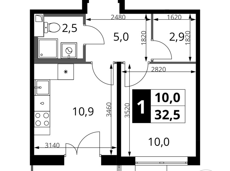 Квартира 1 комната 33 м² Химки, Россия