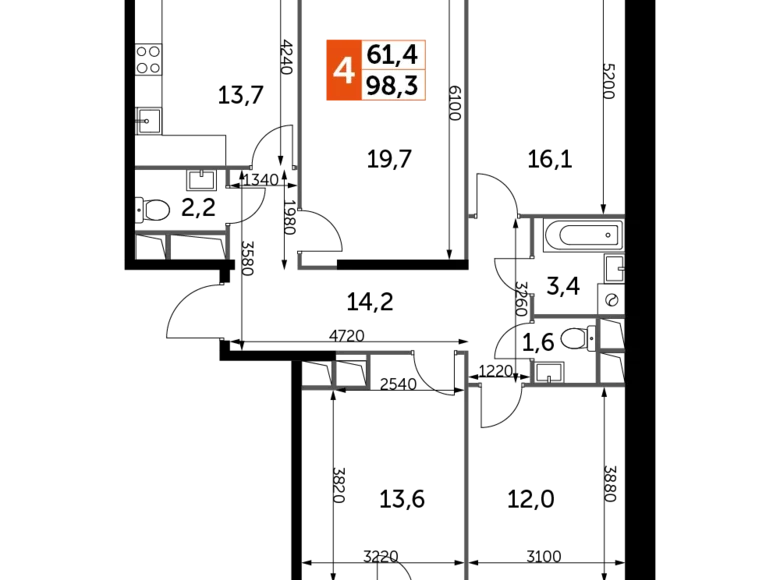 Mieszkanie 4 pokoi 98 m² Razvilka, Rosja