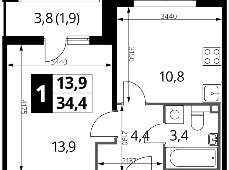 Квартира 1 комната 34 м² район Некрасовка, Россия