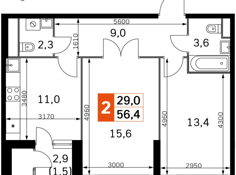 Квартира 2 комнаты 56 м² Москва, Россия