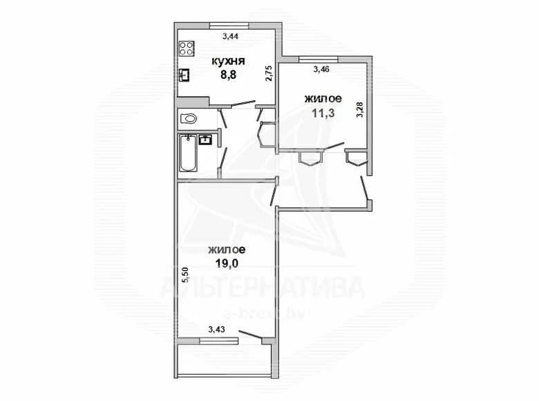 Appartement 2 chambres 55 m² Malaryta, Biélorussie