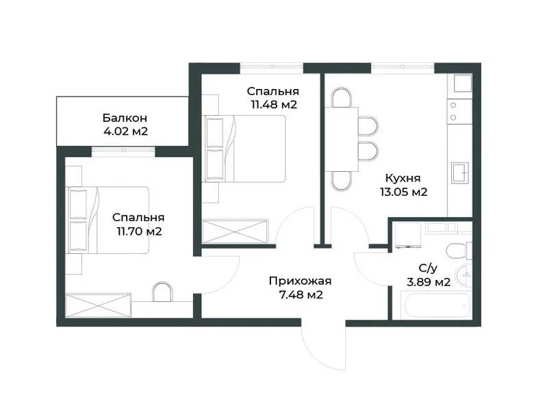 Квартира 2 комнаты 52 м² Ташкент, Узбекистан