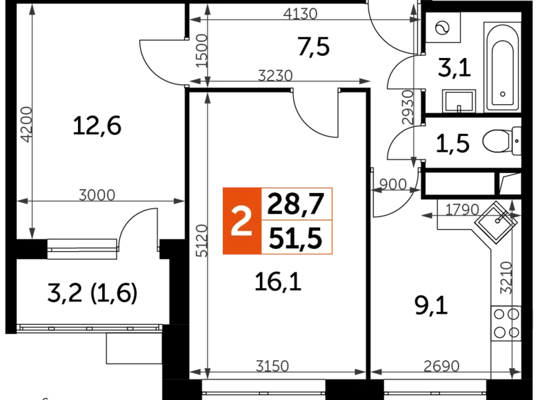 Квартира 2 комнаты 52 м² Veshki, Россия