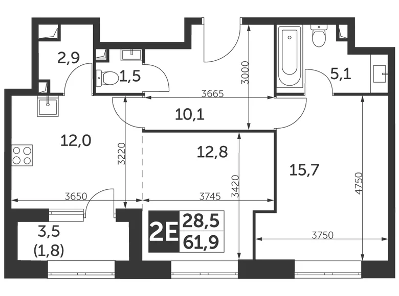 2 room apartment 62 m² North-Eastern Administrative Okrug, Russia