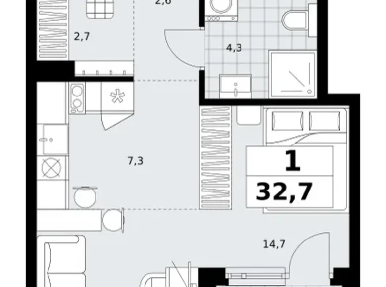 1 room apartment 33 m² Kommunarka, Russia
