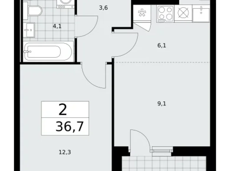 2 room apartment 37 m² Moscow, Russia