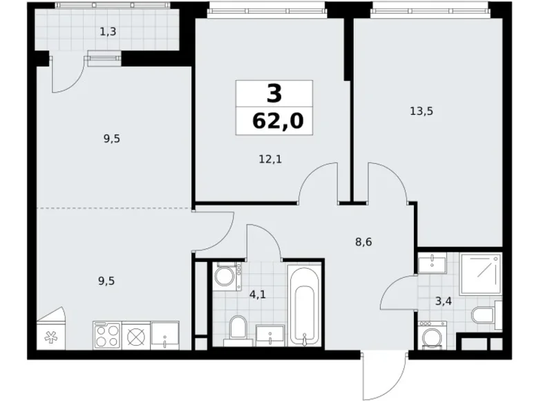 3 room apartment 62 m² Postnikovo, Russia