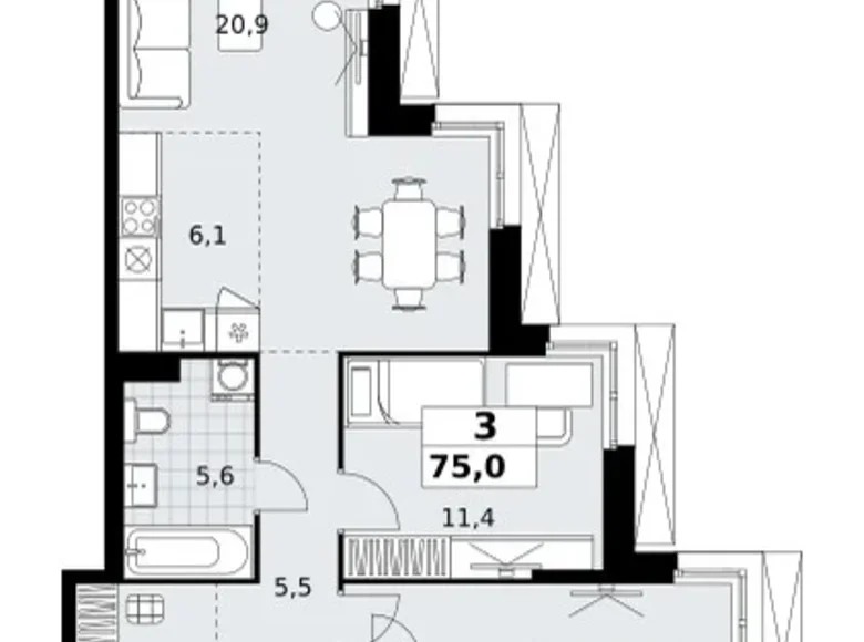 3 room apartment 75 m² Kommunarka, Russia
