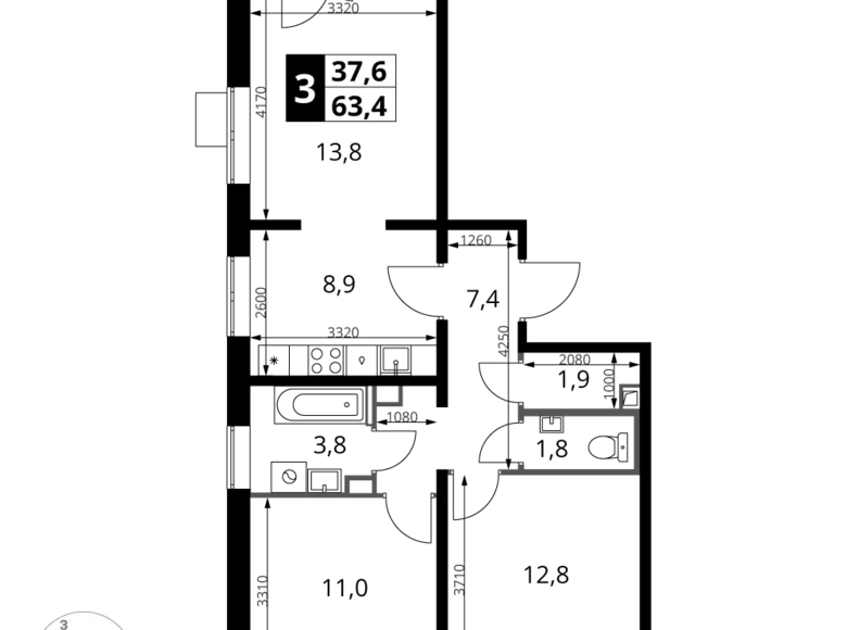 Квартира 3 комнаты 63 м² Ленинский район, Россия