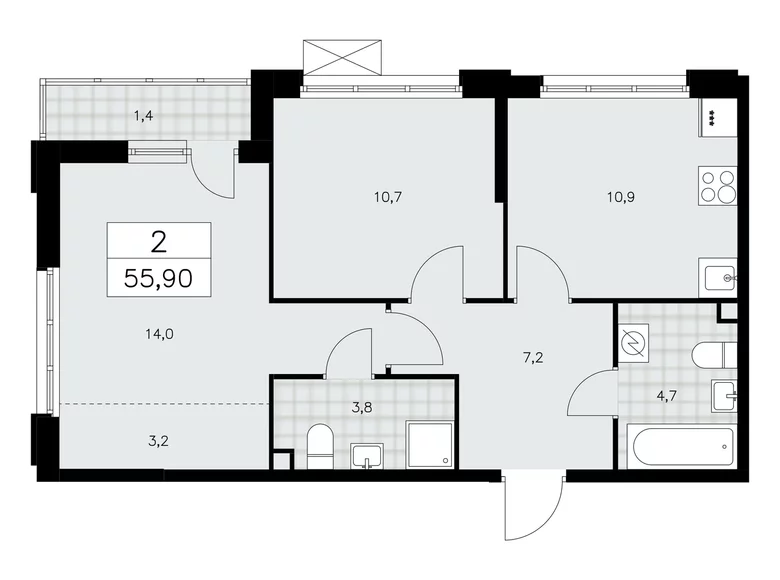 Wohnung 2 Zimmer 56 m² Moskau, Russland